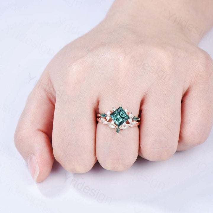Vintage 2CT Princess Cut Green Sapphire Engagement Ring Set Cluster Marquise Moss Agate Wedding Ring Set 2pcs 14K Rose Gold Bridal Ring Set - PENFINE