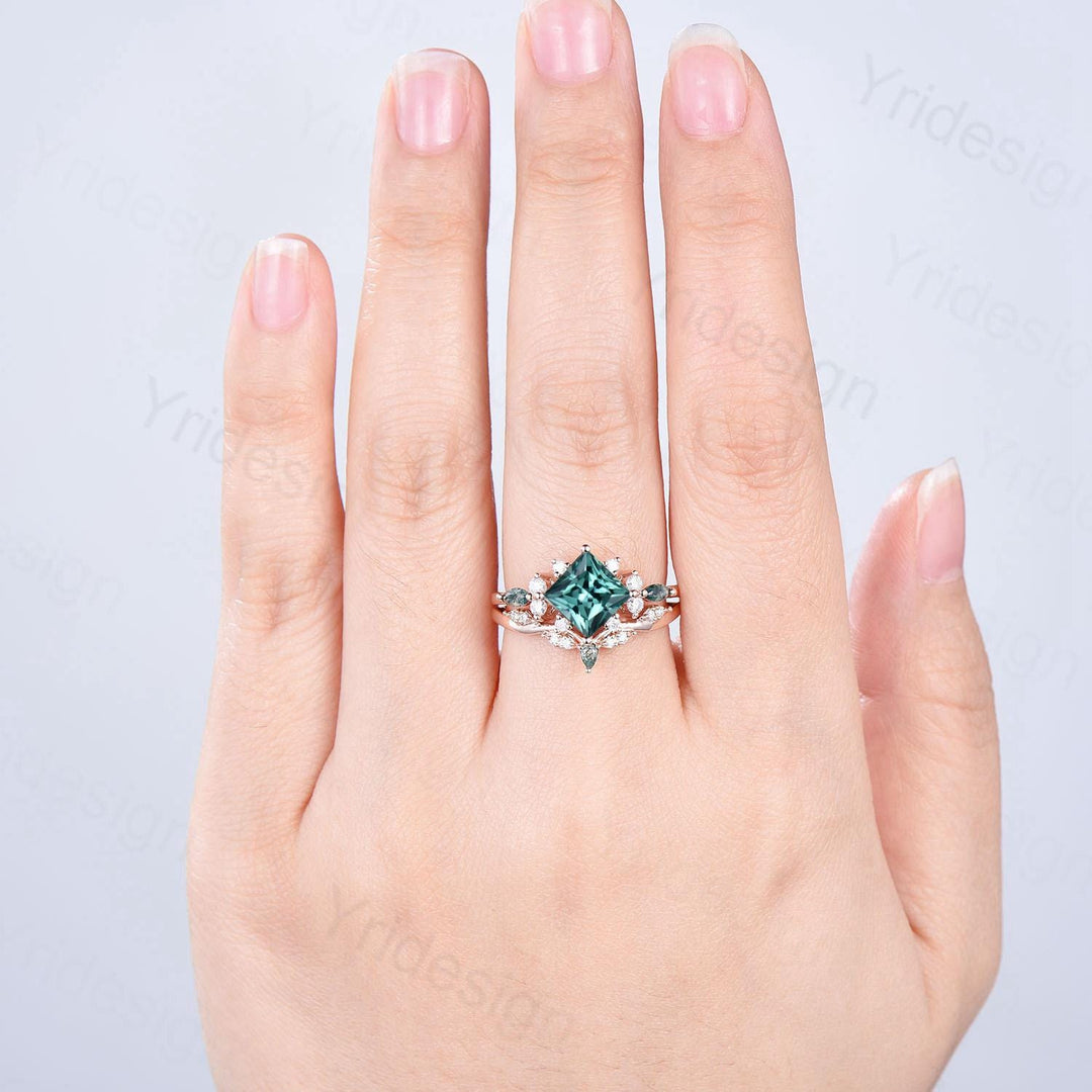 Vintage 2CT Princess Cut Green Sapphire Engagement Ring Set Cluster Marquise Moss Agate Wedding Ring Set 2pcs 14K Rose Gold Bridal Ring Set - PENFINE