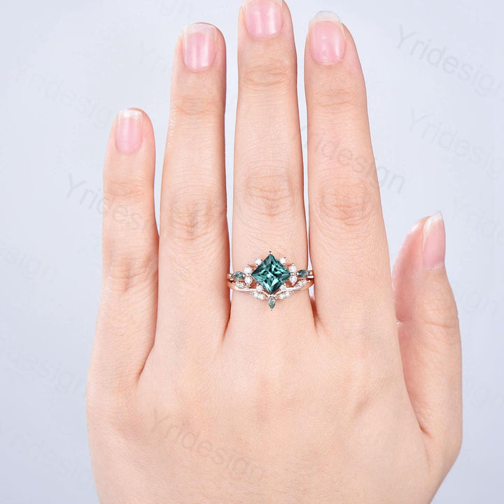 Vintage 2CT Princess Cut Green Sapphire Engagement Ring Set Cluster Marquise Moss Agate Wedding Ring Set 2pcs 14K Rose Gold Bridal Ring Set - PENFINE