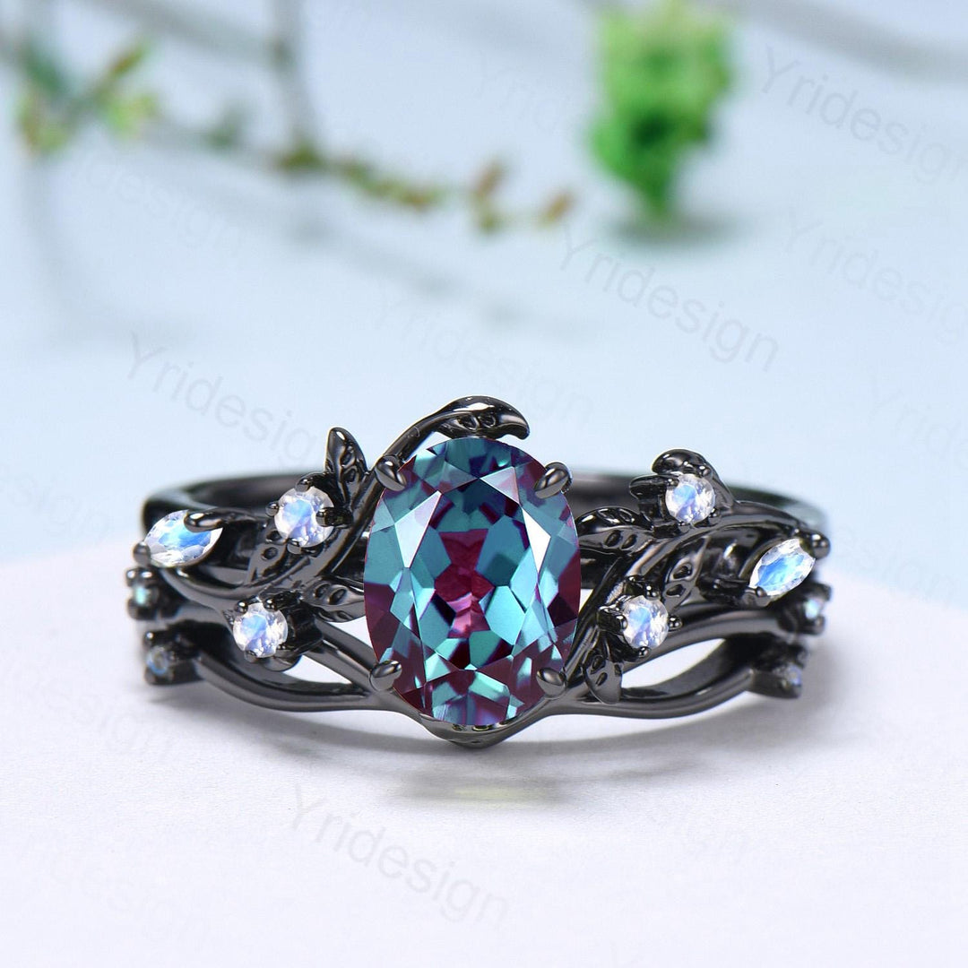 Unique Black Gold Oval Alexandrite Moonstone Engagement Ring Set Nature Inspired Twig Opal Wedding Band  branch June birthstone bridal set - PENFINE