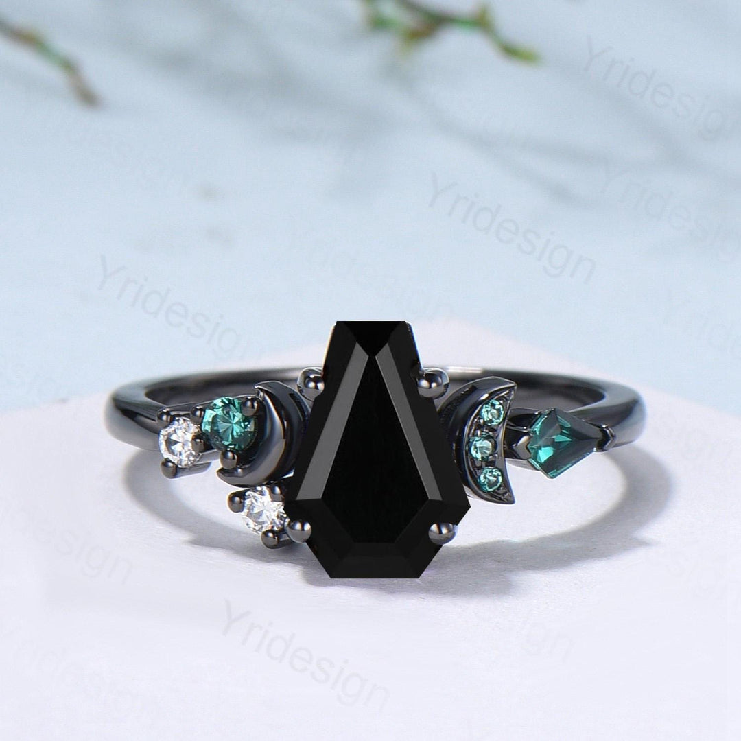 Coffin cut black onyx ring Black gold gothic engagement ring moon design cluster emerald wedding ring vintage anniversary promise ring women - PENFINE
