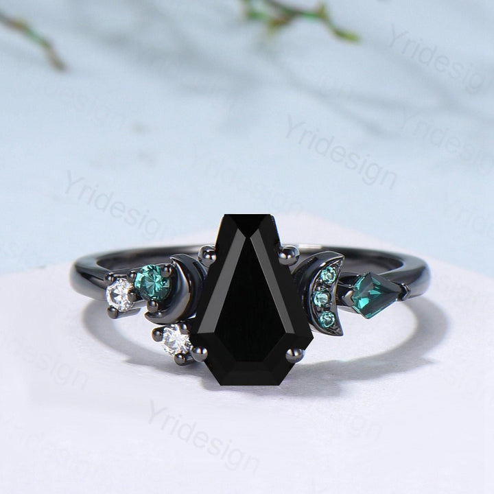 Coffin cut black onyx ring Black gold gothic engagement ring moon design cluster emerald wedding ring vintage anniversary promise ring women - PENFINE