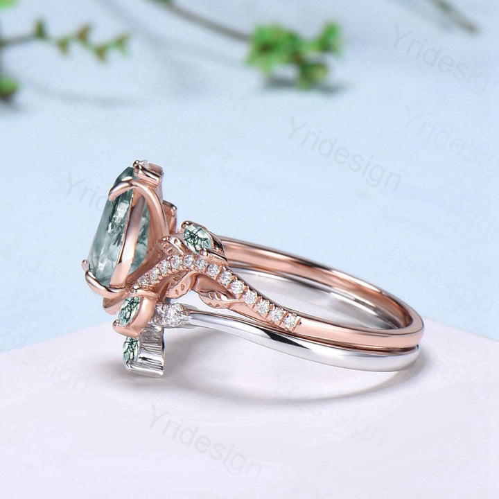 Vintage Pear Shaped Moss Agate Engagement Ring Set Nature Inspired Snake Eternity Wedding Set Agate Diamond Bridal Ring Set Twig Branch Ring - PENFINE