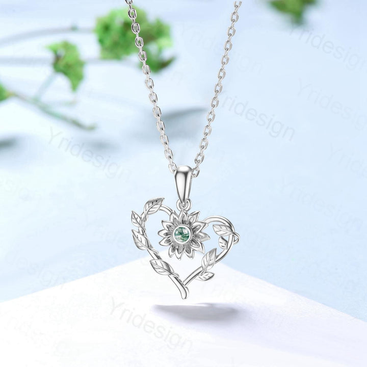 Unique Nature Inspired Moss Agate Necklace Elegant Sunflower Green Agate Necklace Pendant Leaf Vine Anniversary Gift Art Deco Silver Pendant - PENFINE