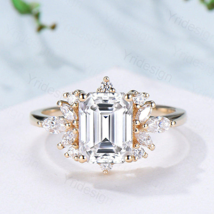 Custom Halo Emerald Cut Moissanite Engagement Ring 14K Yellow Gold  Cluster Marquise Moissanite Wedding Ring Unique Anniversary Promise Gift - PENFINE