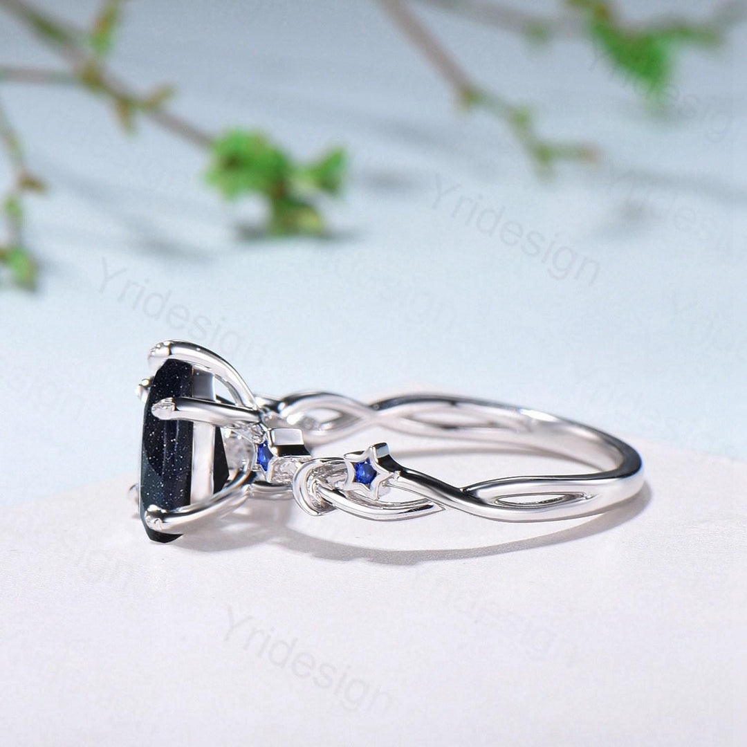 Elegant Pear Shaped Blue Sandstone Ring Vintage Moon Star Blue Goldstone Engagement Ring Leaf Vine Wedding Ring Blue Sapphire Promise Ring - PENFINE
