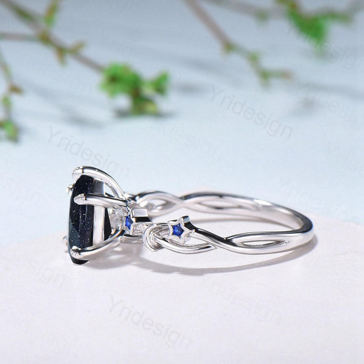 Elegant Pear Shaped Blue Sandstone Ring Vintage Moon Star Blue Goldstone Engagement Ring Leaf Vine Wedding Ring Blue Sapphire Promise Ring - PENFINE