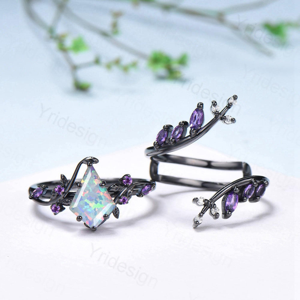 Unique Cage Leafy White Opal Wedding Ring Set Nature Inspired Kite Fire Opal Engagement Ring Black Gold Knight Bridal Set Anniversary Gift - PENFINE