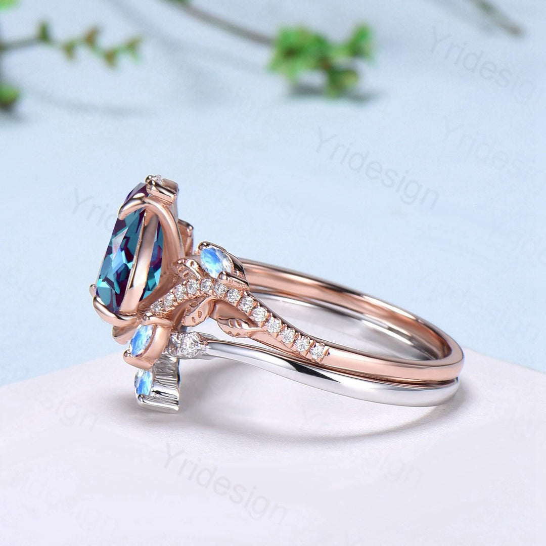 Vintage Pear Shaped Alexandrite Engagement Ring Set Nature Inspired Snake Wedding Set  Moonstone Bridal Set Twig Vine June Birthstone Ring - PENFINE