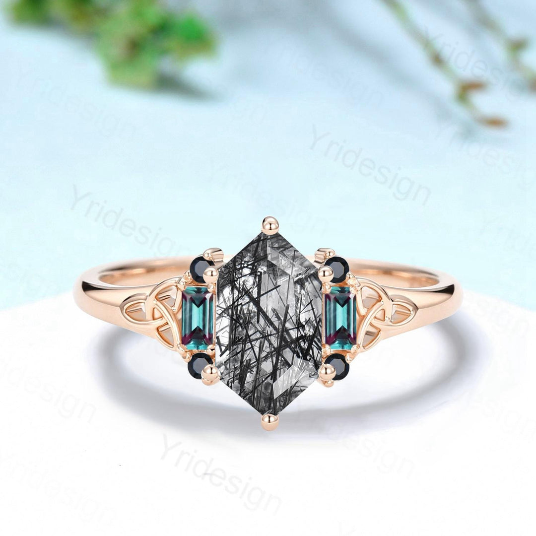 Unique Long Hexagon Cut Black Rutilated Quartz Ring Engagement Ring Norse Viking Cluster Baguette Alexandrite Wedding Ring Anniversary gifts - PENFINE