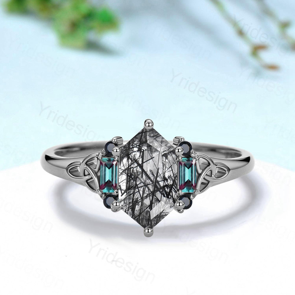 Unique Long Hexagon Cut Black Rutilated Quartz Ring Engagement Ring Norse Viking Cluster Baguette Alexandrite Wedding Ring Anniversary gifts - PENFINE