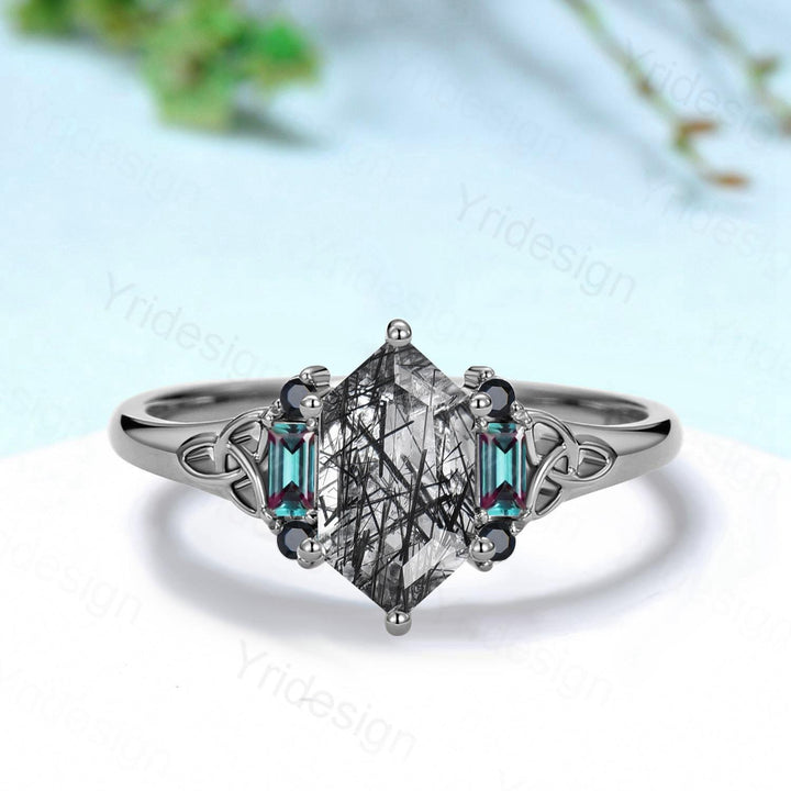 Unique Long Hexagon Cut Black Rutilated Quartz Ring Engagement Ring Norse Viking Cluster Baguette Alexandrite Wedding Ring Anniversary gifts - PENFINE