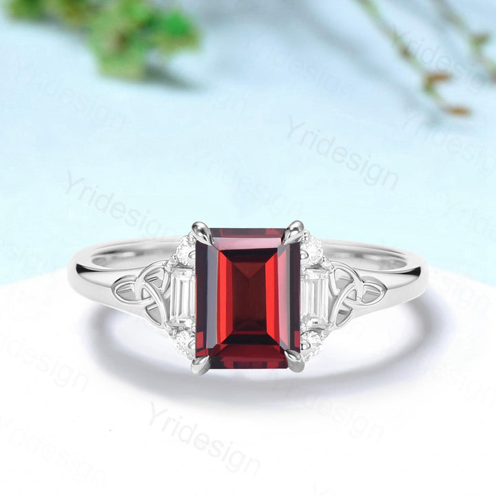 Celtic Knot Emerald Cut Garnet Engagement Ring Norse Viking Cluster Baguette Moissanite Wedding Ring January Birthstone Anniversary gifts - PENFINE