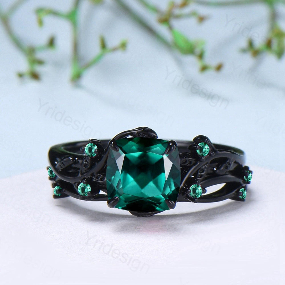 Unique gothic cushion cut emerald wedding ring set black gold natural inspired May birthstone engagement ring for women emerald bridal set - PENFINE