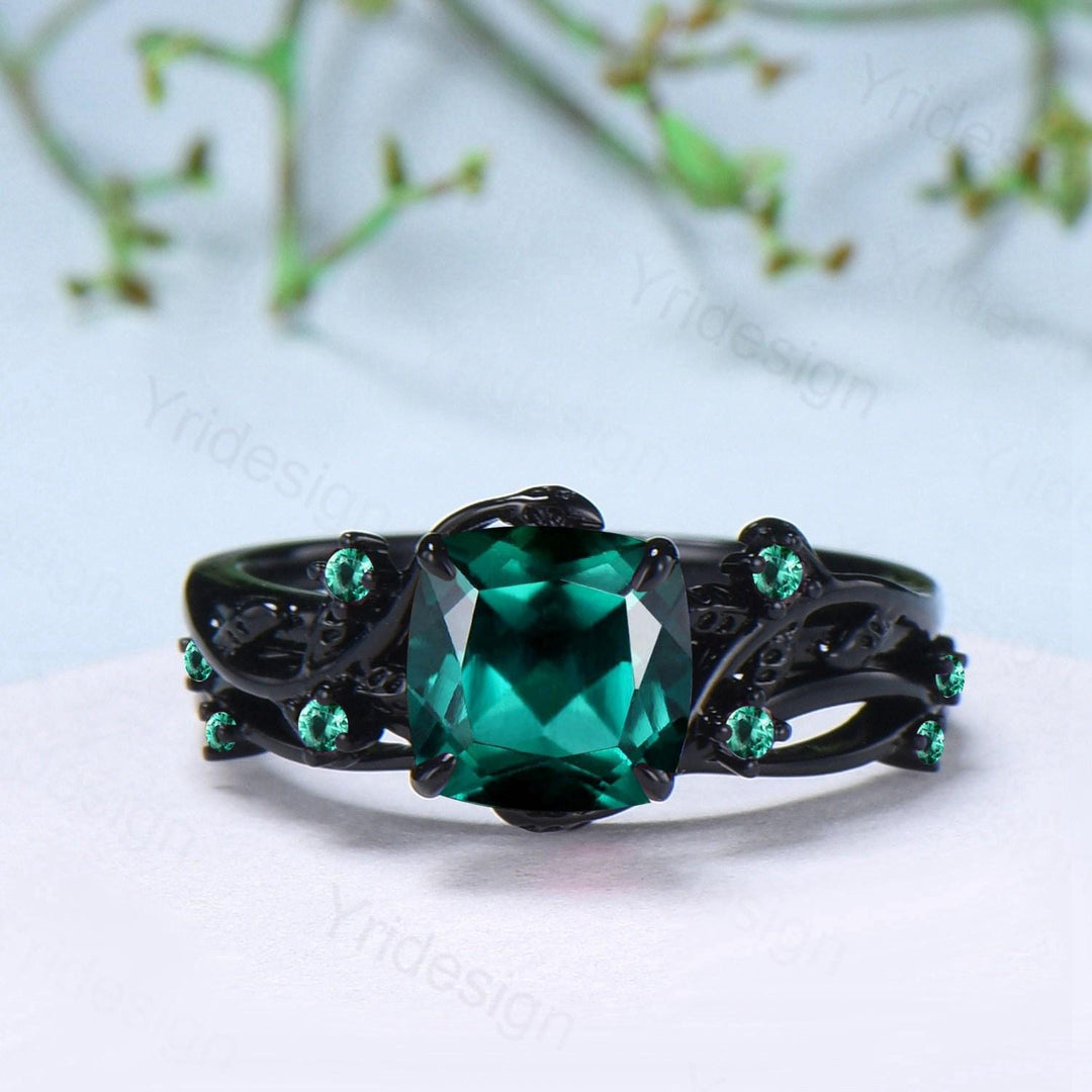 Unique gothic cushion cut emerald wedding ring set black gold natural inspired May birthstone engagement ring for women emerald bridal set - PENFINE