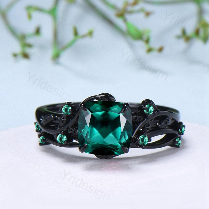 Unique gothic cushion cut emerald wedding ring set black gold natural inspired May birthstone engagement ring for women emerald bridal set - PENFINE
