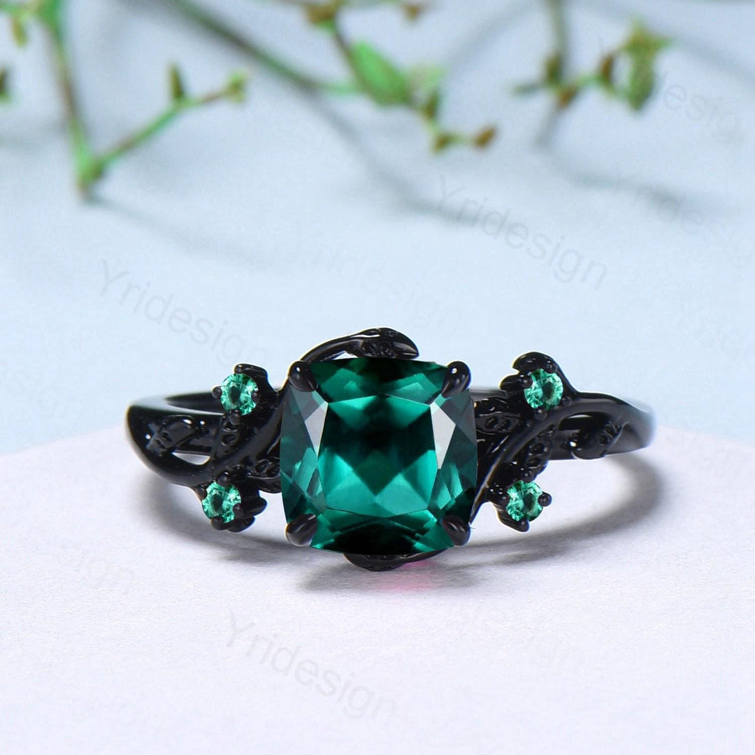 Unique gothic cushion cut emerald wedding ring set black gold natural inspired May birthstone engagement ring for women emerald bridal set - PENFINE