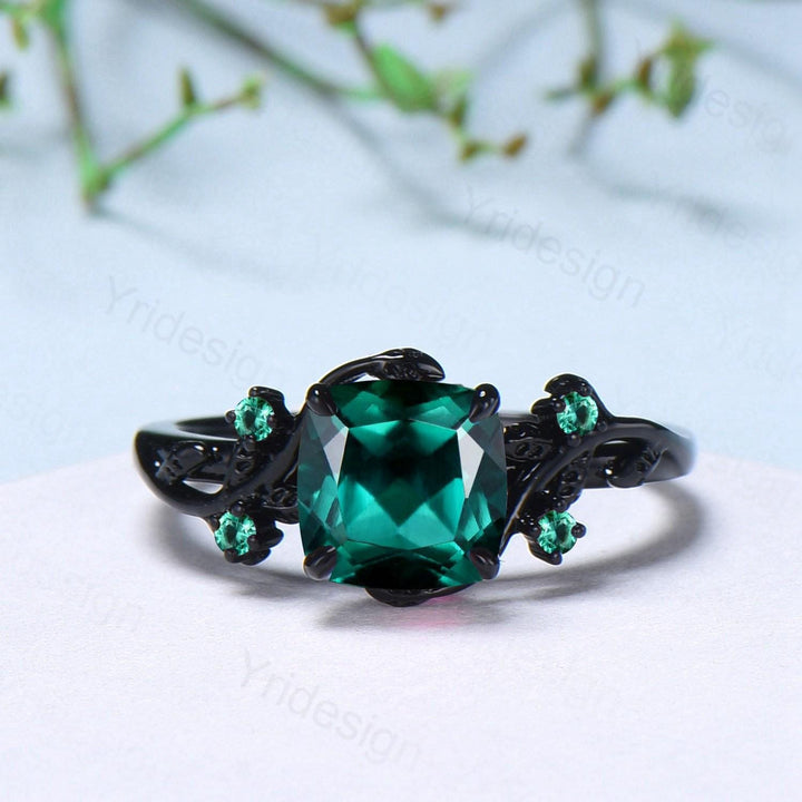 Unique gothic cushion cut emerald wedding ring set black gold natural inspired May birthstone engagement ring for women emerald bridal set - PENFINE