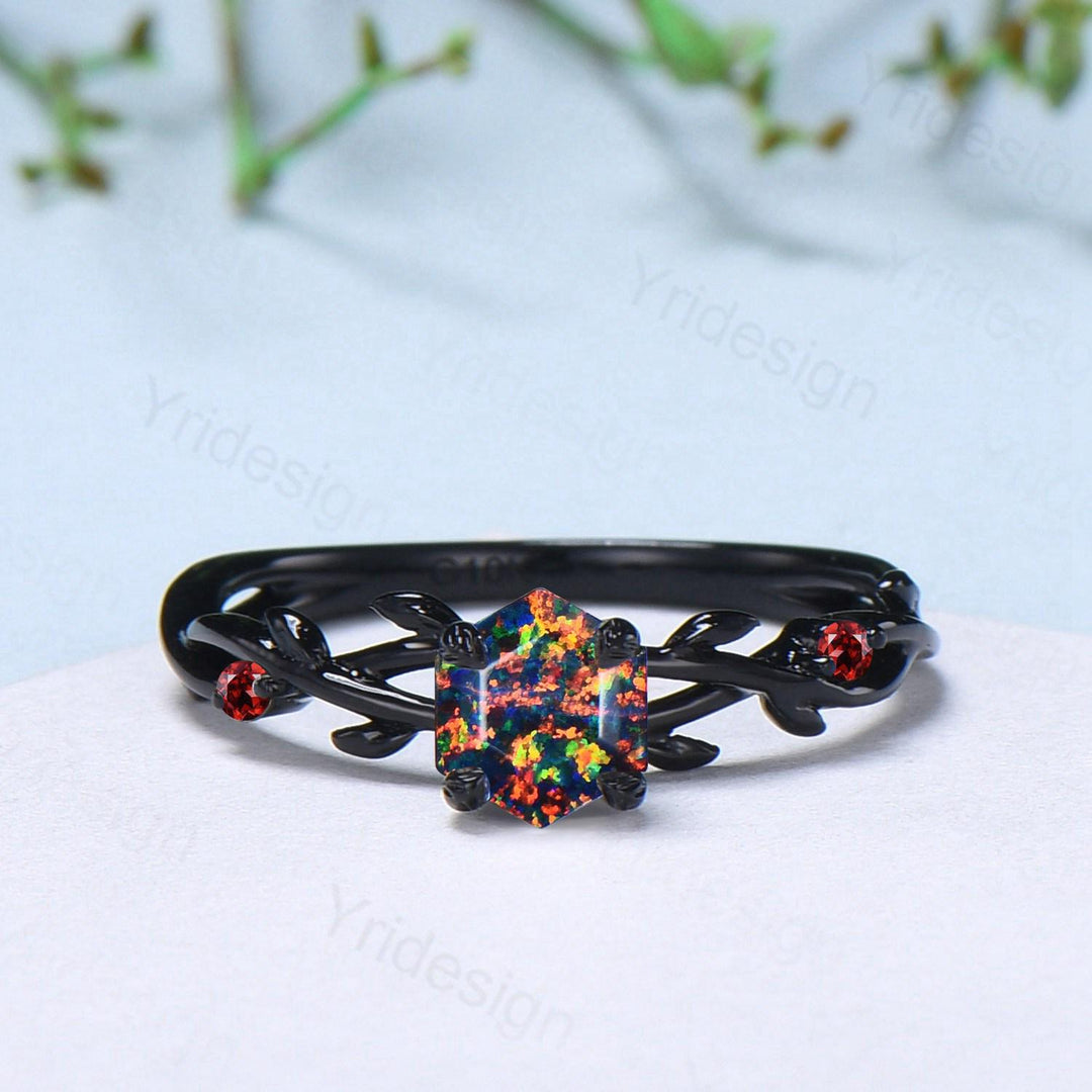 Black Gold Fire Opal Promise Ring Leaf Branch Black Opal Gothic Engagement Ring Nature Inspired Garnet Wedding Ring Twig Anniversary Gifts - PENFINE