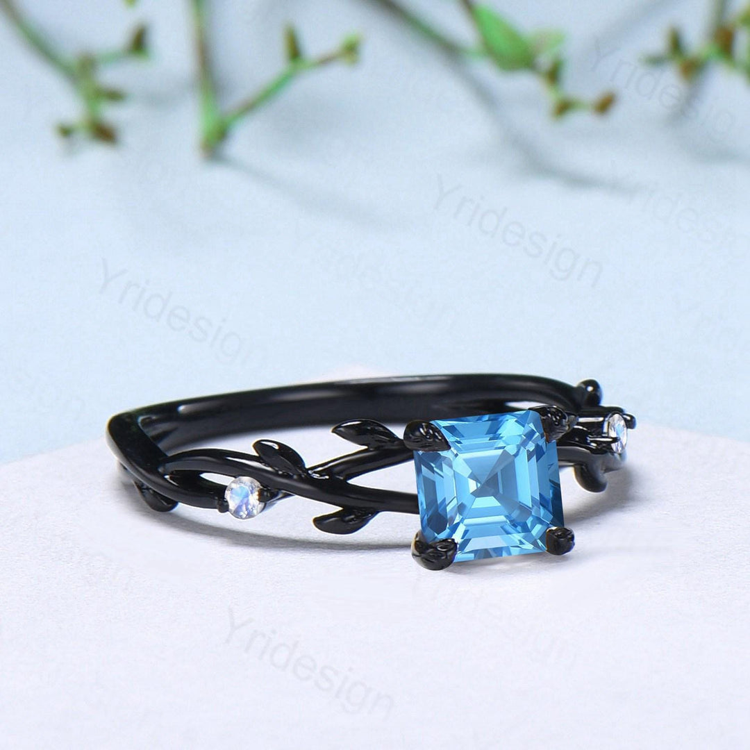 Elegant Asscher Swiss Topaz Ring Unique Black Gold Cluster Moonstone Gothic Engagement Ring Leaf Vine Wedding Ring Anniversary Proposal Gift - PENFINE