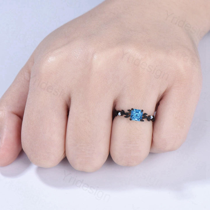 Elegant Asscher Swiss Topaz Ring Unique Black Gold Cluster Moonstone Gothic Engagement Ring Leaf Vine Wedding Ring Anniversary Proposal Gift - PENFINE