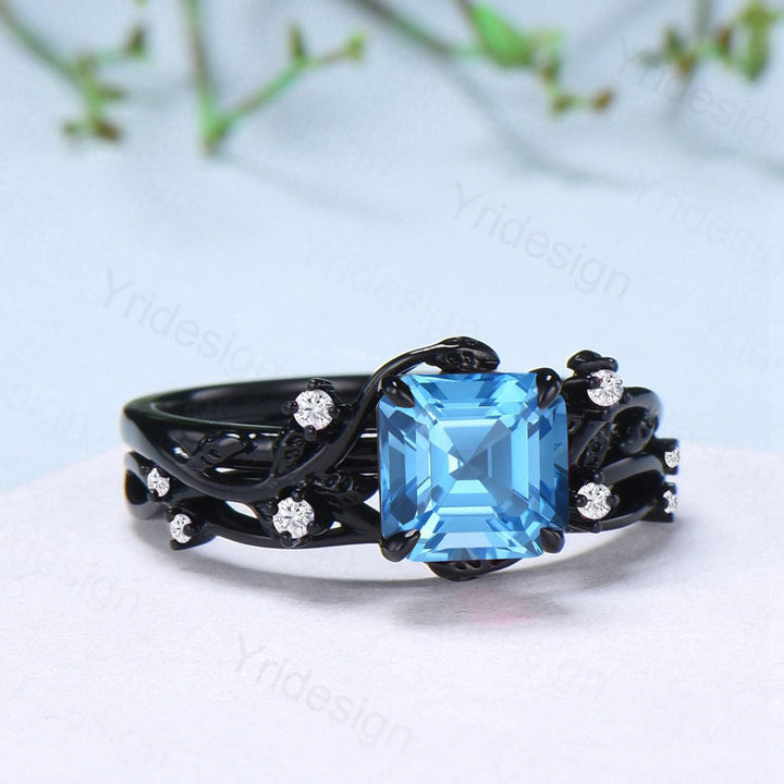 Unique gothic asscher cut swiss blue topaz wedding ring set black gold natural inspired engagement ring topaz diamond anniversary bridal set - PENFINE