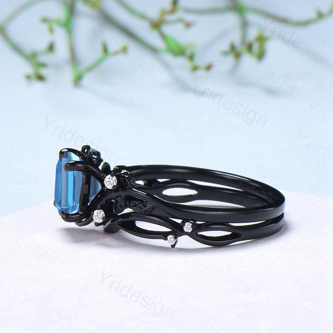 Unique gothic asscher cut swiss blue topaz wedding ring set black gold natural inspired engagement ring topaz diamond anniversary bridal set - PENFINE