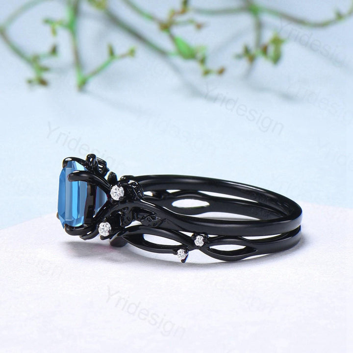 Unique gothic asscher cut swiss blue topaz wedding ring set black gold natural inspired engagement ring topaz diamond anniversary bridal set - PENFINE
