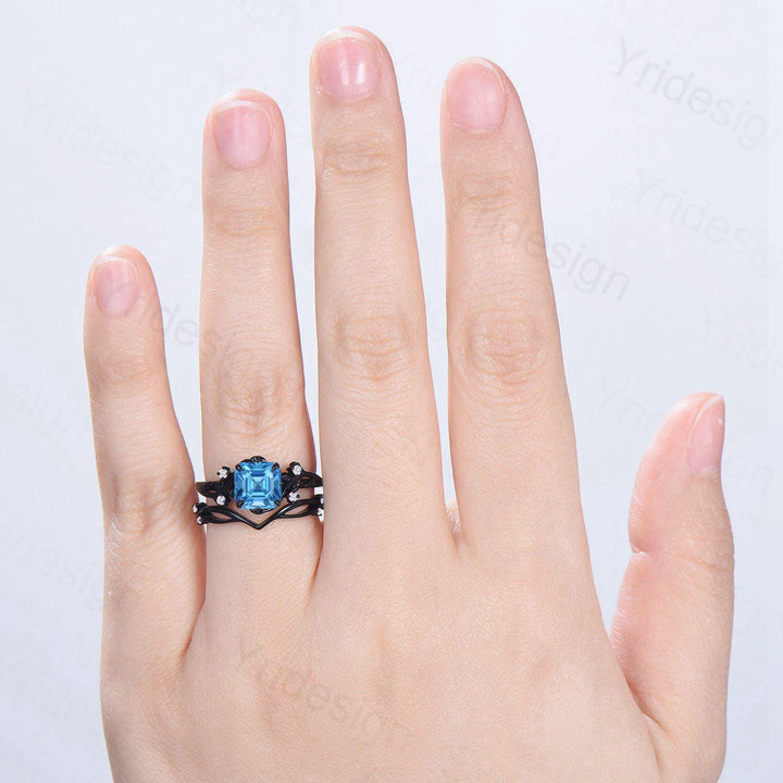 Unique gothic asscher cut swiss blue topaz wedding ring set black gold natural inspired engagement ring topaz diamond anniversary bridal set - PENFINE