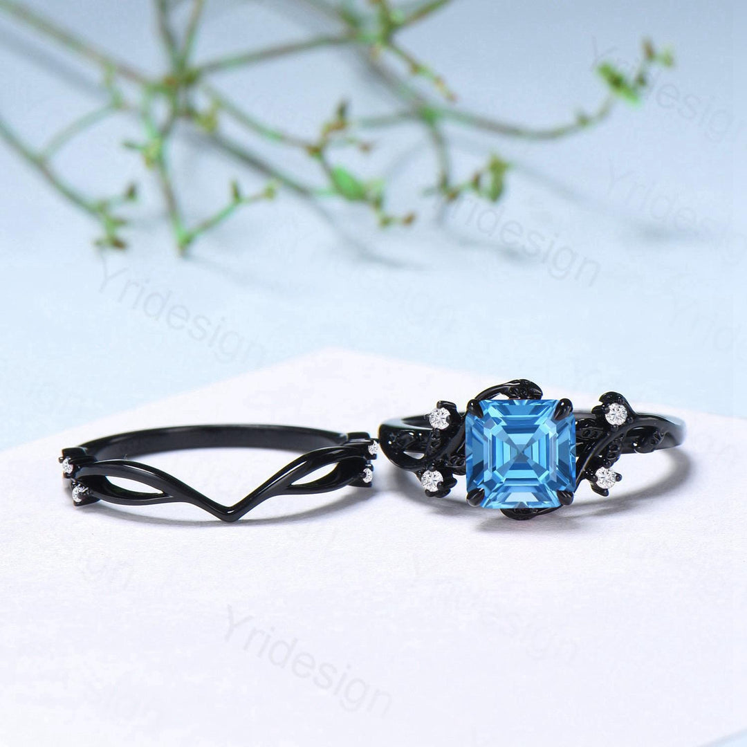 Unique gothic asscher cut swiss blue topaz wedding ring set black gold natural inspired engagement ring topaz diamond anniversary bridal set - PENFINE