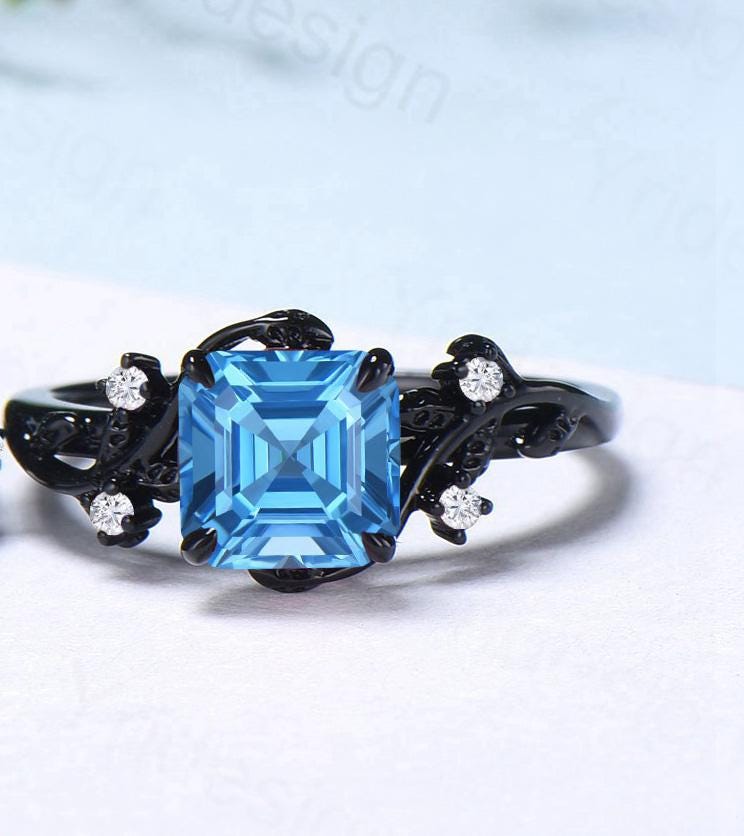 Unique gothic asscher cut swiss blue topaz wedding ring set black gold natural inspired engagement ring topaz diamond anniversary bridal set - PENFINE