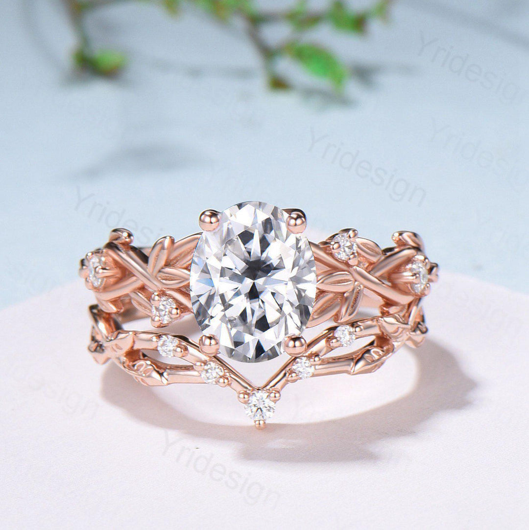Nature Inspired Oval Diamond Engagement Ring Split  Shank CVD Diamond Bridal Ring Set Unique Leaf Vine Moissanite Wedding Ring Set for Her - PENFINE