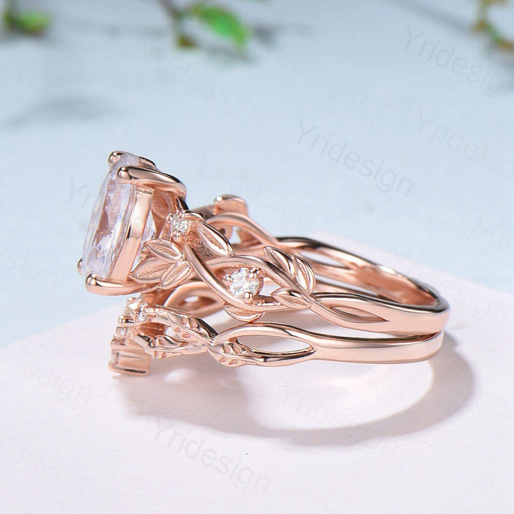 Nature Inspired Oval Diamond Engagement Ring Split  Shank CVD Diamond Bridal Ring Set Unique Leaf Vine Moissanite Wedding Ring Set for Her - PENFINE