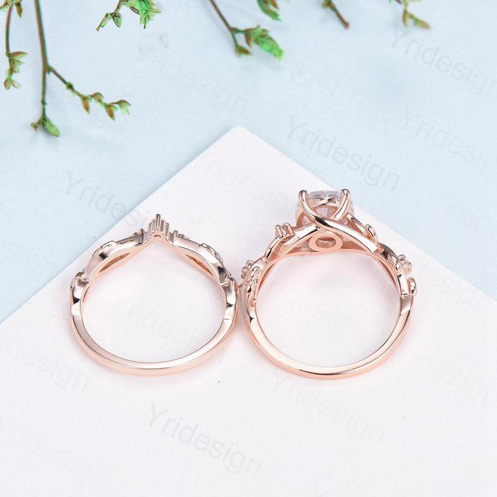 Nature Inspired Oval Diamond Engagement Ring Split  Shank CVD Diamond Bridal Ring Set Unique Leaf Vine Moissanite Wedding Ring Set for Her - PENFINE