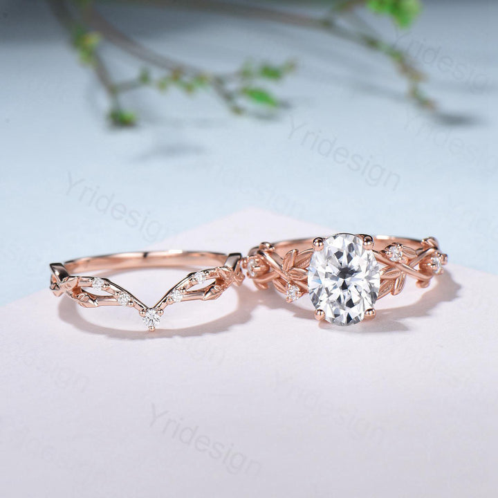 Nature Inspired Oval Diamond Engagement Ring Split  Shank CVD Diamond Bridal Ring Set Unique Leaf Vine Moissanite Wedding Ring Set for Her - PENFINE