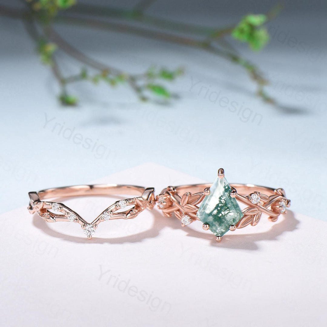 1.5 Carat Kite Cut Natural Moss Agate Engagement Ring Set Leaf Vine Green Agate Diamond Wedding Set Nature Inspired Anniversary Ring Women - PENFINE