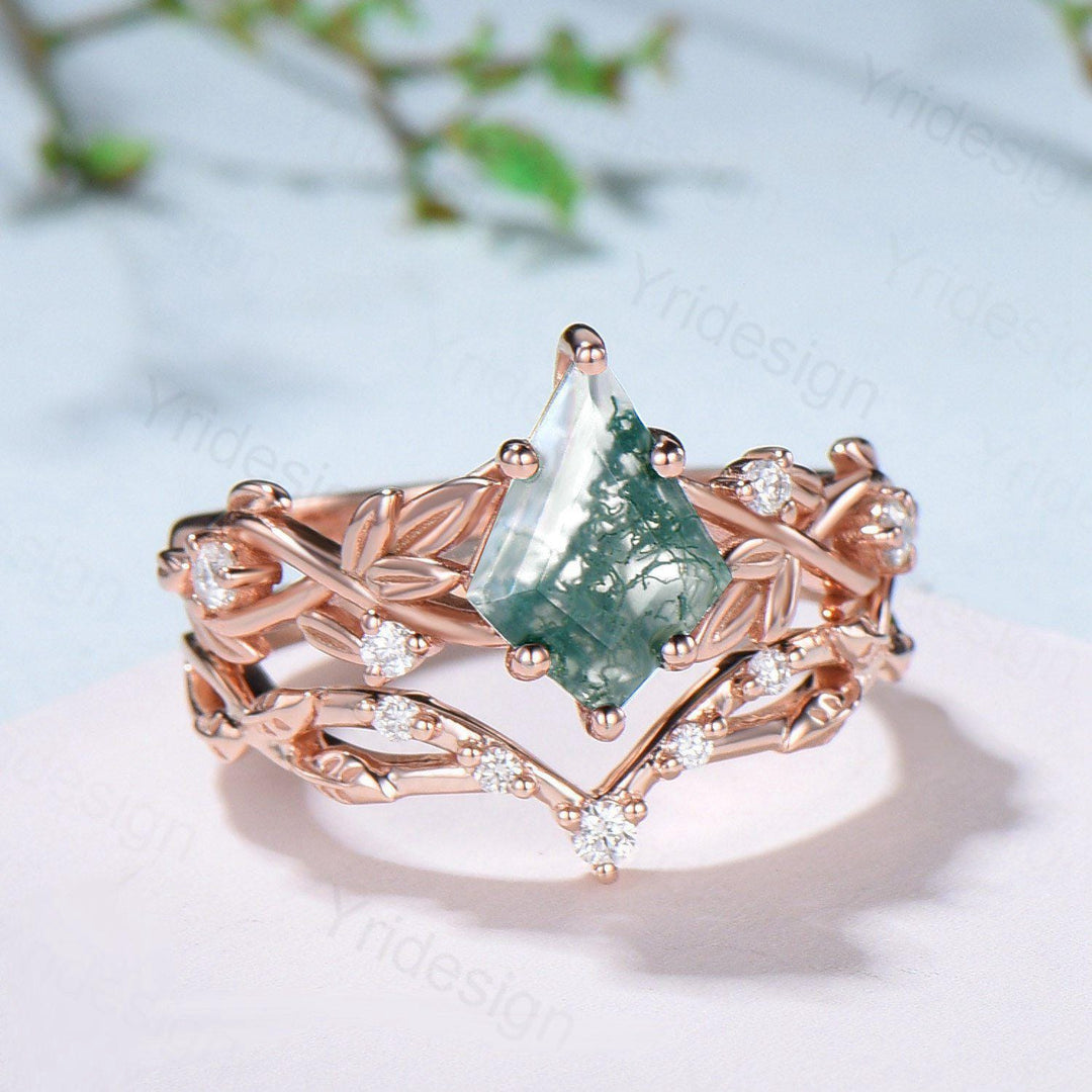 1.5 Carat Kite Cut Natural Moss Agate Engagement Ring Set Leaf Vine Green Agate Diamond Wedding Set Nature Inspired Anniversary Ring Women - PENFINE