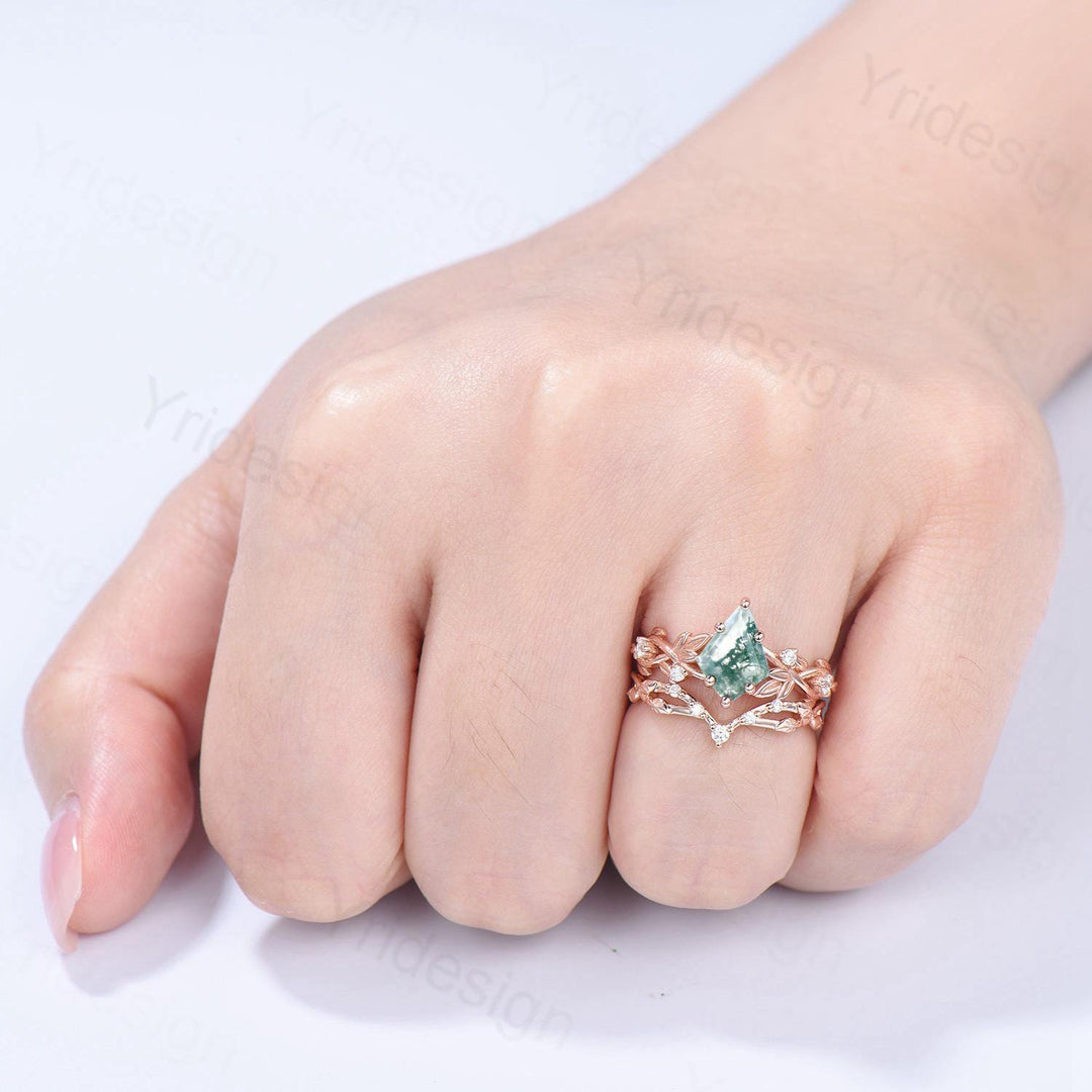 1.5 Carat Kite Cut Natural Moss Agate Engagement Ring Set Leaf Vine Green Agate Diamond Wedding Set Nature Inspired Anniversary Ring Women - PENFINE