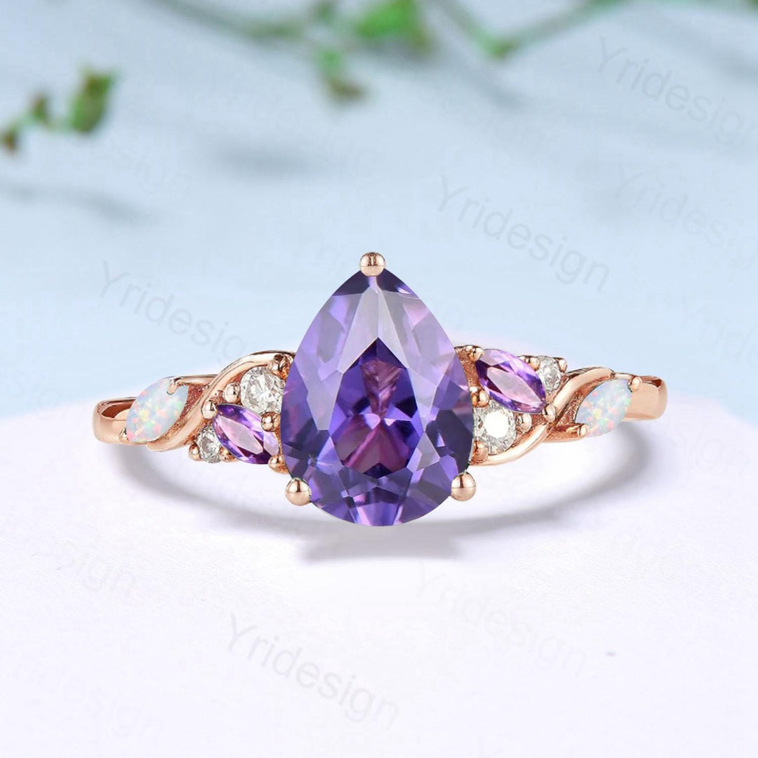 Vintage Pear Shaped Purple Sapphire Engagement Ring Unique Cluster Marquise Opal Amethyst Wedding Ring Her Purple Gemstone Anniversary Ring - PENFINE