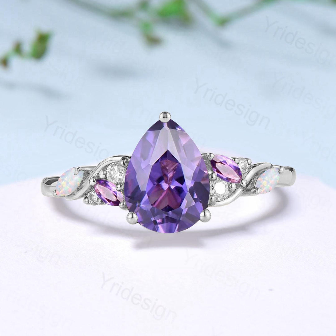 Vintage Pear Shaped Purple Sapphire Engagement Ring Unique Cluster Marquise Opal Amethyst Wedding Ring Her Purple Gemstone Anniversary Ring - PENFINE