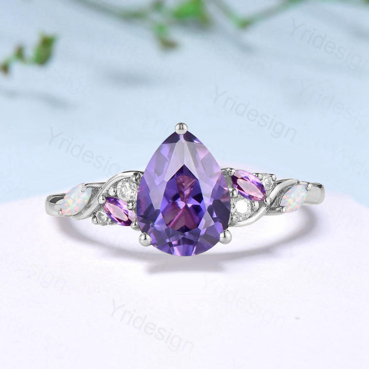 Vintage Pear Shaped Purple Sapphire Engagement Ring Unique Cluster Marquise Opal Amethyst Wedding Ring Her Purple Gemstone Anniversary Ring - PENFINE