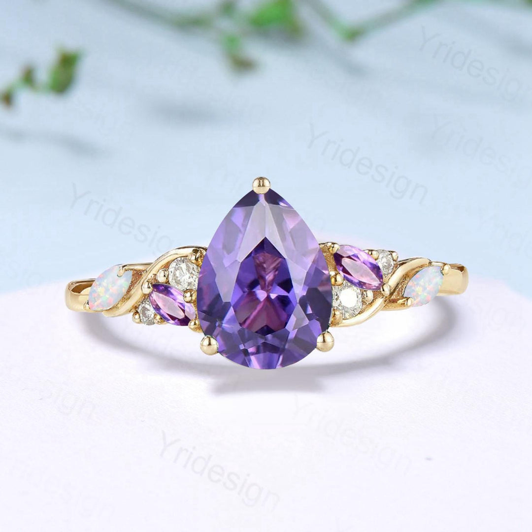 Vintage Pear Shaped Purple Sapphire Engagement Ring Unique Cluster Marquise Opal Amethyst Wedding Ring Her Purple Gemstone Anniversary Ring - PENFINE
