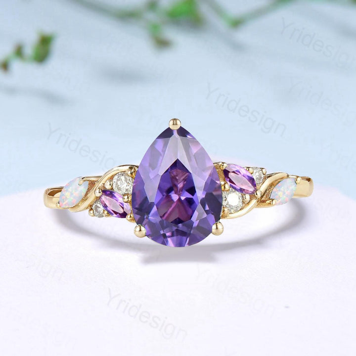 Vintage Pear Shaped Purple Sapphire Engagement Ring Unique Cluster Marquise Opal Amethyst Wedding Ring Her Purple Gemstone Anniversary Ring - PENFINE