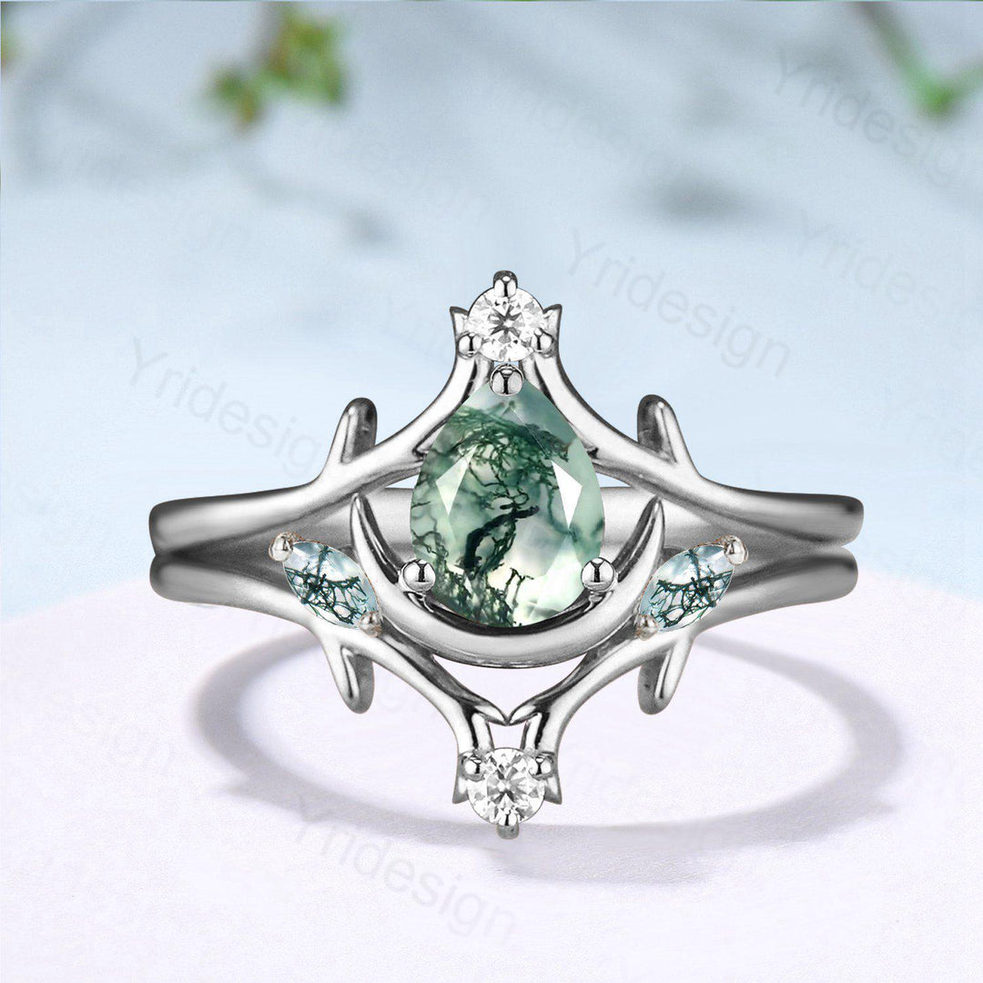 Unique Pear Shaped Natural Moss Agate Engagement Ring Set Crescent Moon inspired Wedding Set Branch Stacking Band Art Deco 2pcs Bridal Set - PENFINE