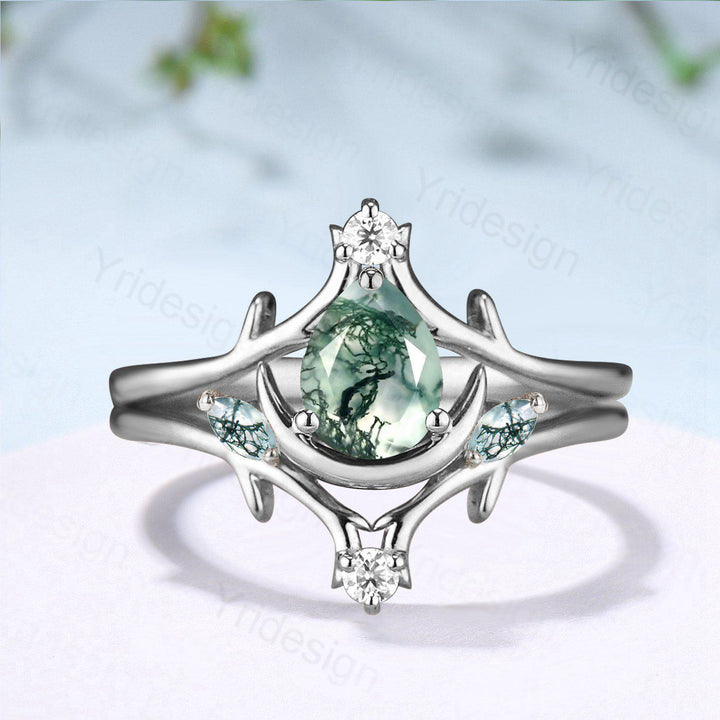 Unique Pear Shaped Natural Moss Agate Engagement Ring Set Crescent Moon inspired Wedding Set Branch Stacking Band Art Deco 2pcs Bridal Set - PENFINE