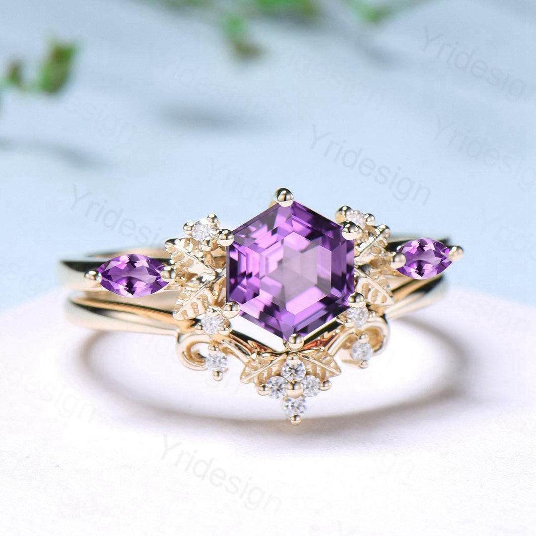 Vintage hexagon cut amethyst engagement ring set 14k yellow gold Nature inspired leaf vine Feb birthstone wedding ring set Anniversary Gifts - PENFINE