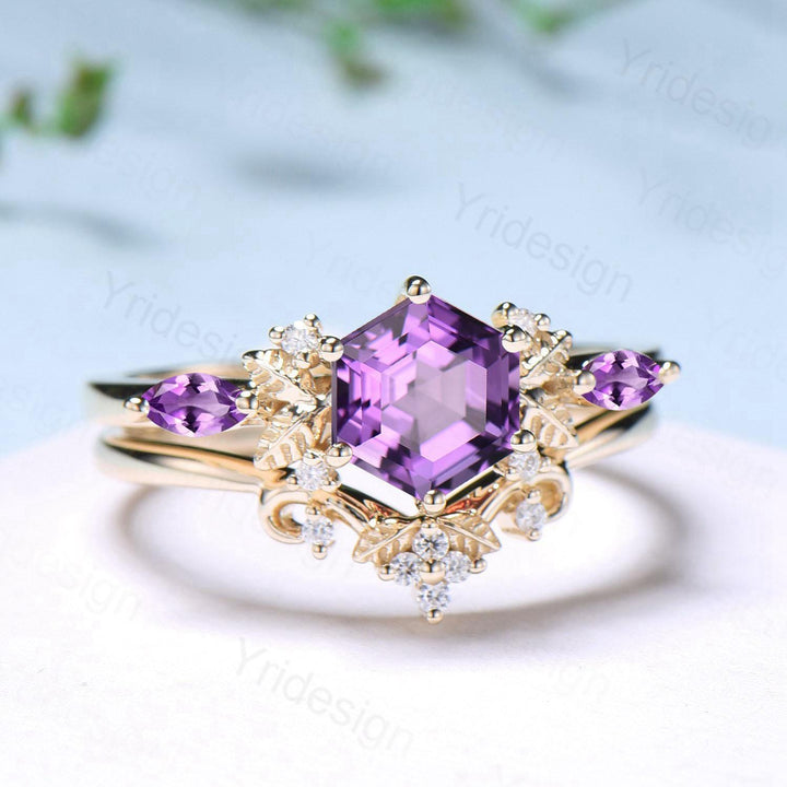 Vintage hexagon cut amethyst engagement ring set 14k yellow gold Nature inspired leaf vine Feb birthstone wedding ring set Anniversary Gifts - PENFINE