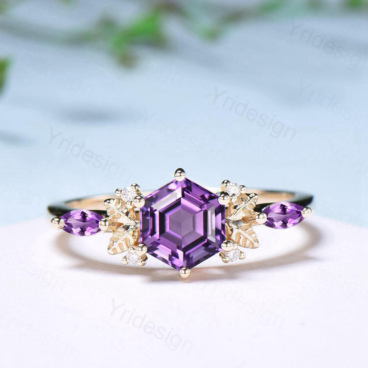 Vintage hexagon cut amethyst engagement ring set 14k yellow gold Nature inspired leaf vine Feb birthstone wedding ring set Anniversary Gifts - PENFINE