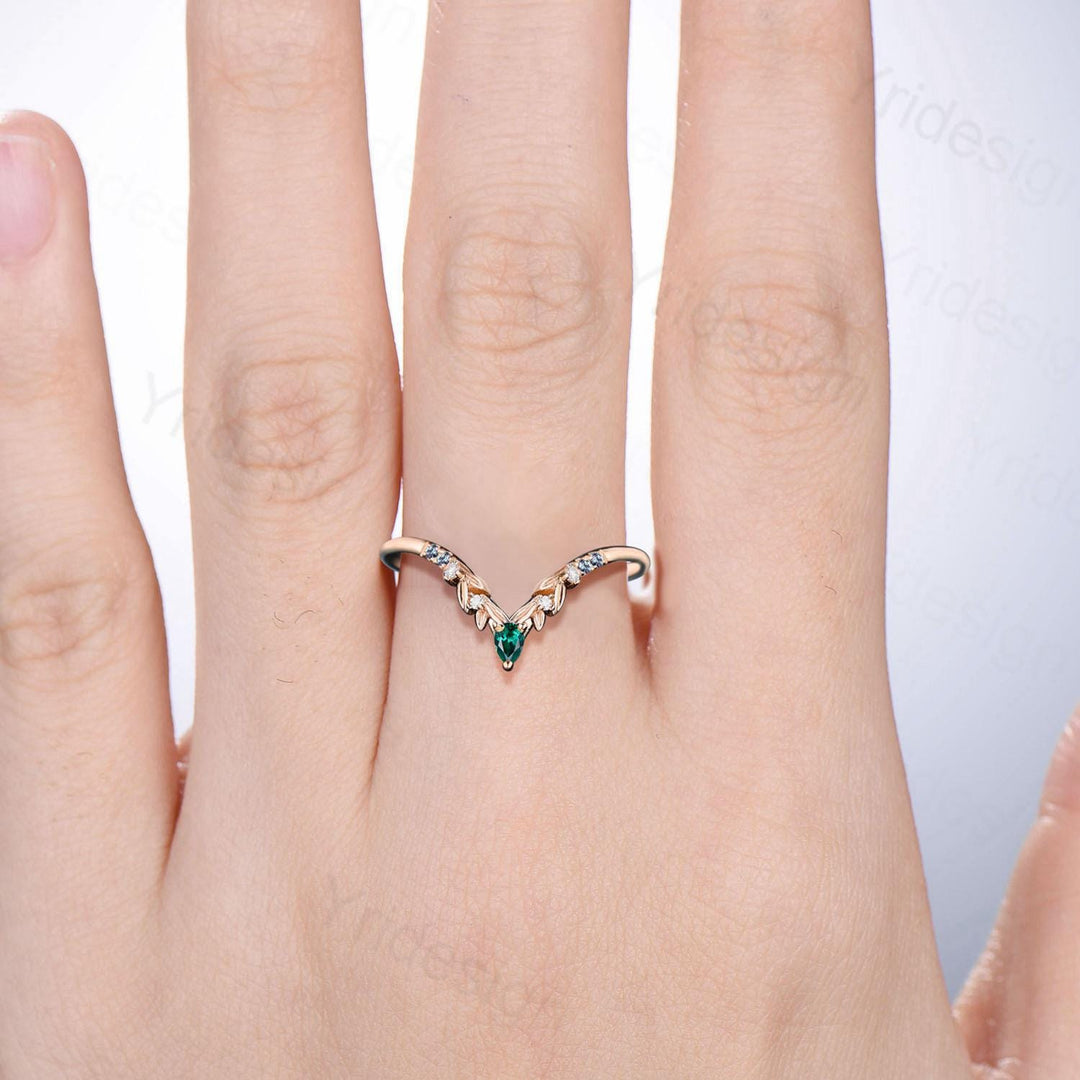 Curved Alexandrite Wedding Band Nature Inspired Pear Shaped Emerald Stackable Ring Women Leaf Vine Matching Band Anniversary Promise Gift - PENFINE