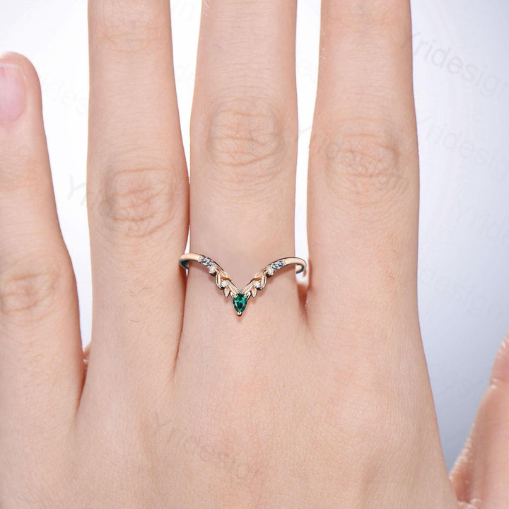 Curved Alexandrite Wedding Band Nature Inspired Pear Shaped Emerald Stackable Ring Women Leaf Vine Matching Band Anniversary Promise Gift - PENFINE